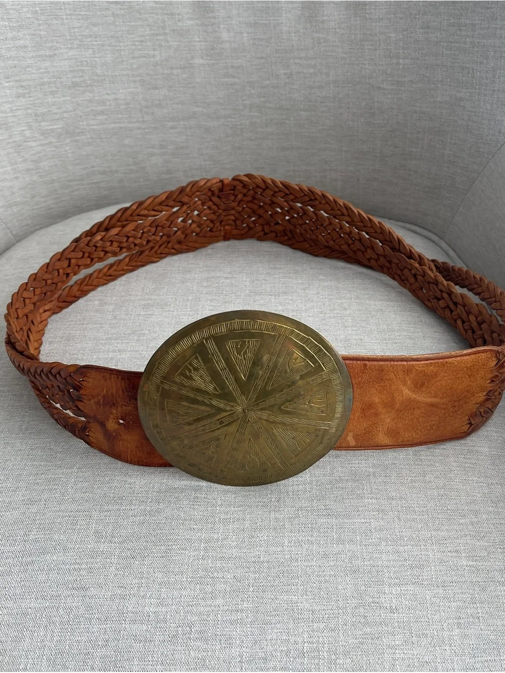 Vintage Moroccan Braided Brown Leather Belt with Large Etched Brass Buckle